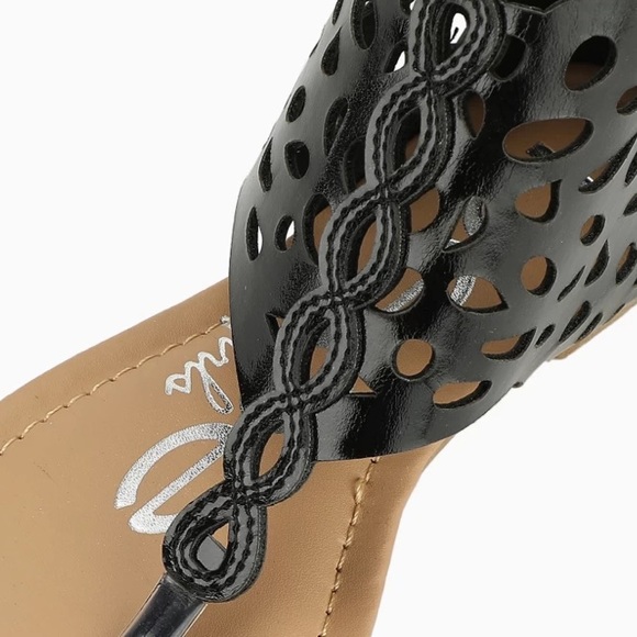 NWT BEBE GIRLS Shiny Black Perforated Cut Out Gladiator Goddess Bootie Sandals - Picture 2 of 9